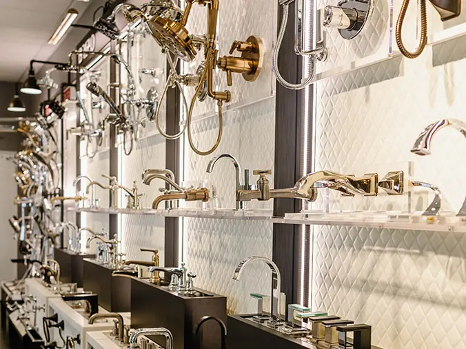 Various faucets with different finishes at Hughes Supply Greenville