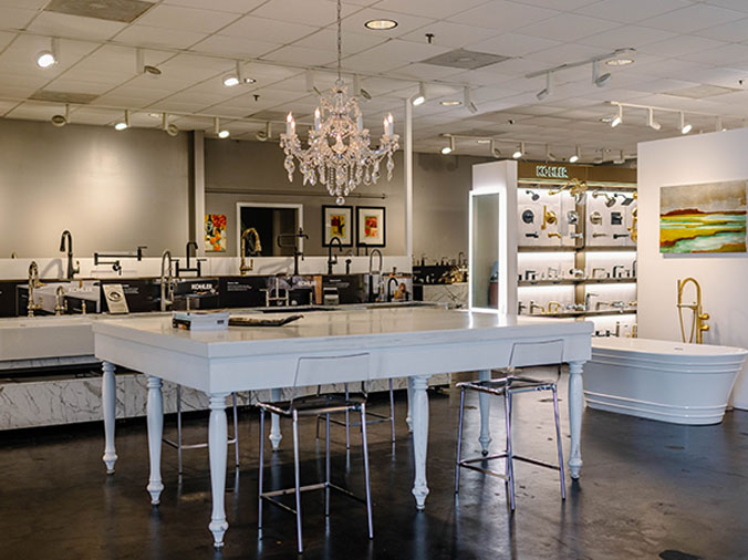 Bathroom hardware and faucets on display at the Hughes Kitchen & Bath Showroom