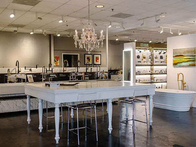 Bathroom hardware and faucets on display at the Hughes Kitchen & Bath Showroom